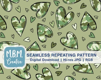 May include: A seamless repeating pattern featuring green camouflage hearts on a light green background. The pattern is perfect for crafting projects, scrapbooking, and digital design.