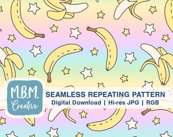 Plátanos y estrellas en pastel arco iris sin costuras patrón de repetición uso comercial, descarga digital de frutas tropicales, patrón de repetición de verano para niños lindos