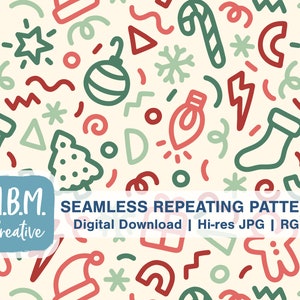 May include: A seamless repeating pattern featuring a variety of Christmas-themed illustrations, including a Christmas tree, stocking, candy cane, ornament, and light bulb. The illustrations are drawn in a hand-drawn style and are in shades of red, green, and white on a cream background.