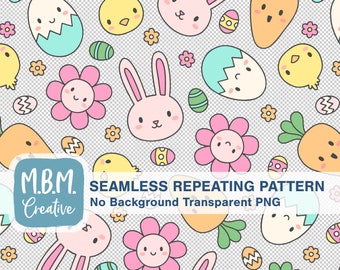 Kawaii Easter: No Background Transparent PNG Seamless Repeat Pattern Commercial Use, Cute Spring Digital Download