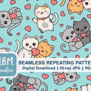 Chats et coeurs sur Aqua Seamless Pattern Utilisation commerciale, Kawaii Kitty Seamless Repeat Pattern, Cute Cat Valentine’s Day Pattern