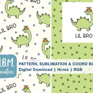 May include: A seamless pattern featuring a green dinosaur wearing a red and yellow baseball cap with a propeller. The dinosaur is repeated on a white background with small blue and green triangles. The text "Lil Bro" is repeated throughout the pattern.