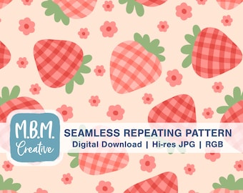 Red Gingham Strawberries & Flowers Seamless Repeat Pattern for Commercial Use, Hand Drawn Summer Fruit Digital Download, Seamless file