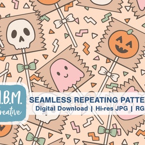 Halloween Lollipops in Boho Colors Seamless Repeat Pattern Commercial Use, Creepy Cute Seamless File, Ghost Pumpkin Skull Candy Digital