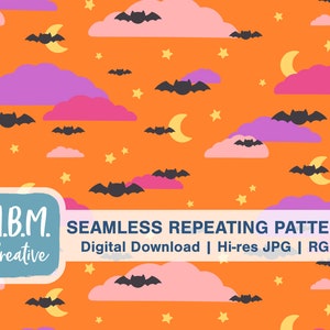Cute Bats in the Night Bright Orange & Pink Seamless Repeat Pattern for Commercial Use, Kids Halloween Seamless File, Bat Digital Download