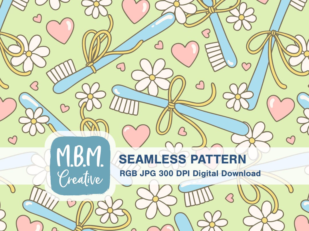 Toothbrushes, Bows & Hearts on Green Seamless Repeat Pattern for ...