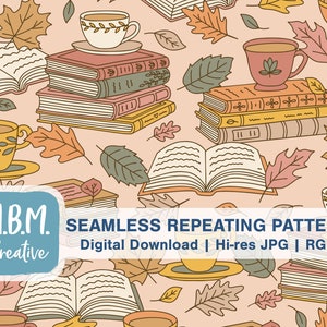 Autumn Reading on Peach Seamless Repeat Pattern Commercial Use, Fall Coffee Books Leaves Seamless File, Cute Bibliophile Digital Download