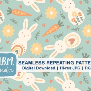 Boho Bunnies auf Grün Nahtlos Wiederholen Muster für kommerzielle Nutzung, Ostern Karotte Blume Nahtlose Datei, Frühling Digitaler Download