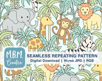 Bébé animaux du zoo sur bleu motif répété sans couture usage commercial, fichier sans couture enfants mignons, éléphant girafe lion singe zèbre téléchargement