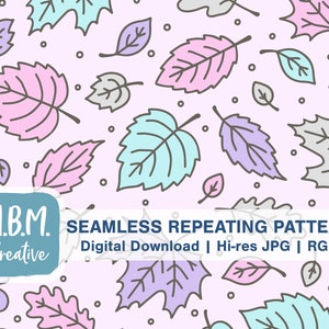 May include: A seamless repeating pattern featuring pastel-colored leaves in various shapes and sizes. The background is a light pink with small white dots. The text "M.B.M. Creative" and "SEAMLESS REPEATING PATTERN Digital Download | Hi-res JPG | RGB" is at the bottom of the image.