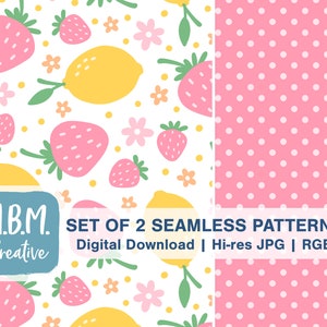 以下が含まれることがあります： 白い背景にレモン、イチゴ、花が描かれたシームレスパターンと、ピンクの背景に白い水玉模様が描かれたシームレスパターンの2つ。画像の下部には「M.B.M. Creative SET OF 2 SEAMLESS PATTERNS Digital Download | Hi-res JPG | RGB」というテキストがあります。