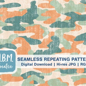 Distressed Camouflage in Orange & Teal Seamless Repeating Pattern for Commercial Use, Grunge Camo Digital Download File