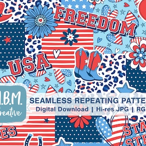 Patriotic Patchwork Seamless Repeat Pattern Commercial Use, Stars Stripes Hearts Digital Paper, Red White Blue July 4th USA Collage Seamless