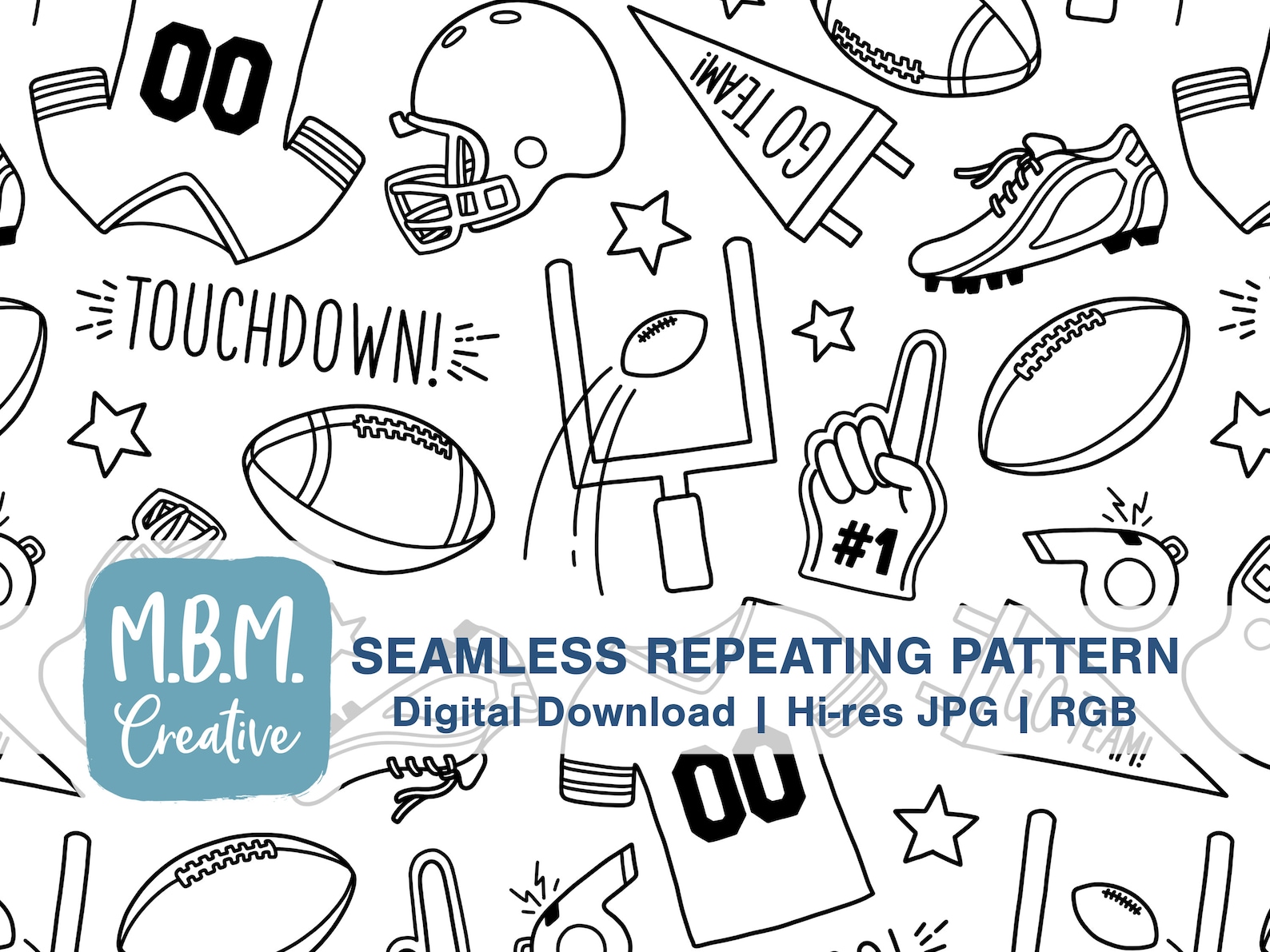 Football Line Art Seamless Repeat Pattern for Commercial Use, Black ...