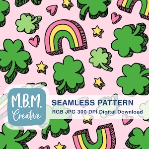 May include: Seamless pattern featuring green shamrocks, yellow stars, pink hearts, and rainbows on a light pink background. The design includes the text "SEAMLESS PATTERN" and "M.B.M. Creative".