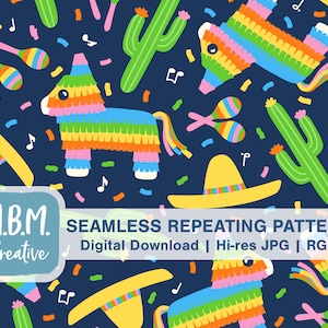Puede incluir: Un patrón sin costuras repetitivo con piñatas coloridas, maracas, sombreros y cactus sobre un fondo azul oscuro. El patrón es perfecto para celebraciones festivas como el Cinco de Mayo o una fiesta.