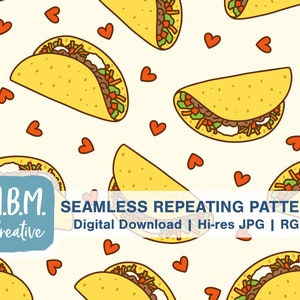 May include: A seamless repeating pattern featuring yellow tacos with red, green, and white fillings. The background is a light yellow with red hearts scattered throughout. The text "M.B.M. Creative" and "SEAMLESS REPEATING PATTERN" is in a blue box at the bottom of the image. The text "Digital Download | Hi-res JPG | RGB" is below the blue box.