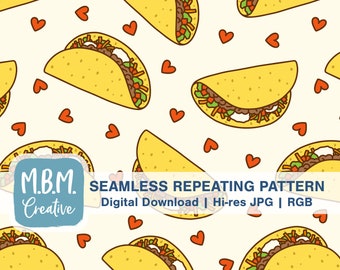 I Heart Tacos on Cream Seamless Repeat Pattern Commercial Use, Mexican Food Celebration Seamless File, Cinco de Mayo Digital Download