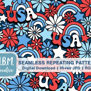 USA, Daisies, and Stars on Dark Blue Seamless Repeat Pattern Commercial Use, Patriotic Retro Floral, Red White and Blue, July 4th Seamless