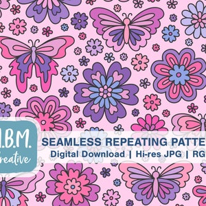 Schmetterling Floral: Rosa & Lila nahtlos wiederholen Muster kommerzielle Nutzung, Retro Frühling nahtlose Datei, Blumen Insekten digitaler Download