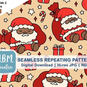 May include: A seamless repeating pattern featuring a cartoon Santa Claus with a black beard and brown skin. The pattern also includes candy canes, stars, and gift boxes. The text "M.B.M. Creative" and "SEAMLESS REPEATING PATTERN" is included in the image.  Digital Download | Hi-res JPG | RGB