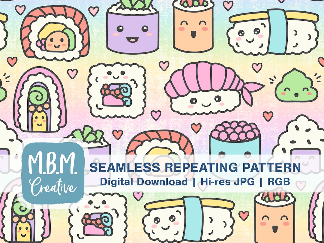Kawaii Sushi in Pastels Seamless Repeat Pattern Commercial Use, Cute ...