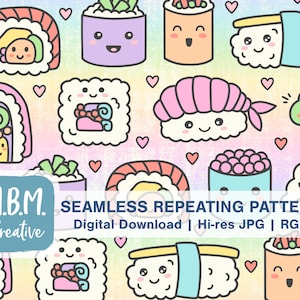 Kawaii Sushi in Pastell nahtlose wiederholen Muster kommerzielle Nutzung, süße japanische Essen nahtlose Datei, Fisch Reis Roll digitaler Download