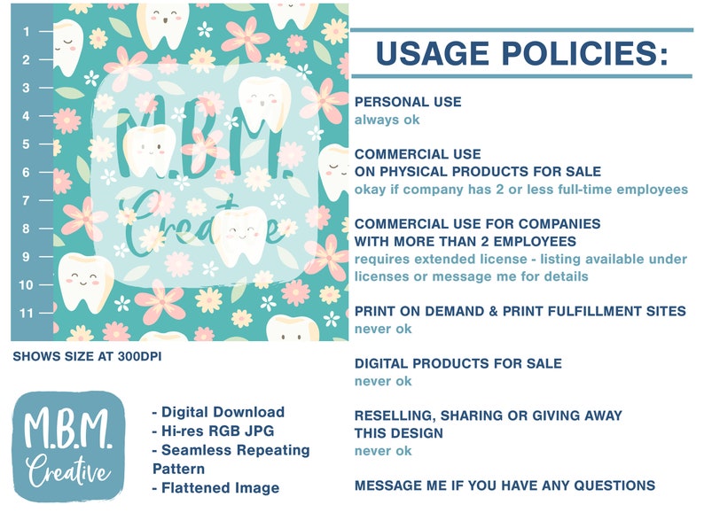 Cute Teeth & Flowers on Teal Seamless Repeat Pattern for Commercial Use ...