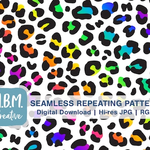 May include: A seamless repeating pattern featuring a white background with black leopard spots filled with a rainbow gradient.