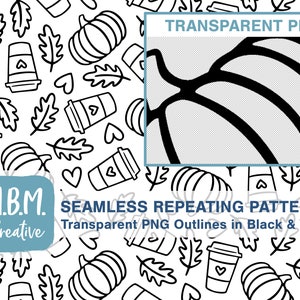 May include: Black and white seamless pattern featuring coffee cups, pumpkins, leaves, and hearts. The pattern is labeled "M.B.M. Creative Seamless Repeating Pattern Transparent PNG Outlines in Black & White".