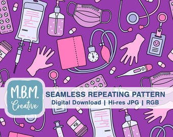 Medical Pattern on Purple Seamless Pattern Commercial Use, Cute Nurse Seamless Repeat Pattern, Healthcare Nursing Digital Pattern