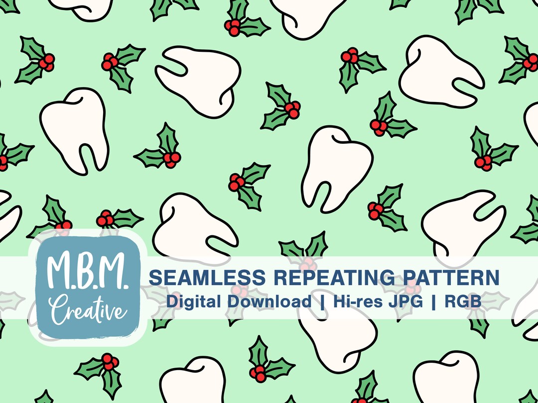 Teeth & Holly on Green Seamless Repeat Pattern Commercial Use, Dentist ...