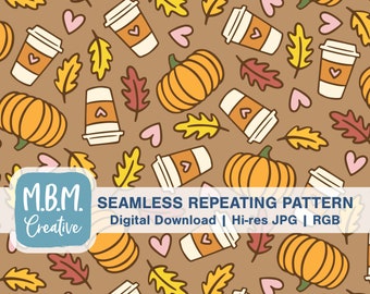 Kaffee, Kürbisse, Herzen & Blätter auf Braun Nahtloses Wiederholmuster für kommerzielle Nutzung, Herbst nahtlose Datei, Kürbis Digital Download