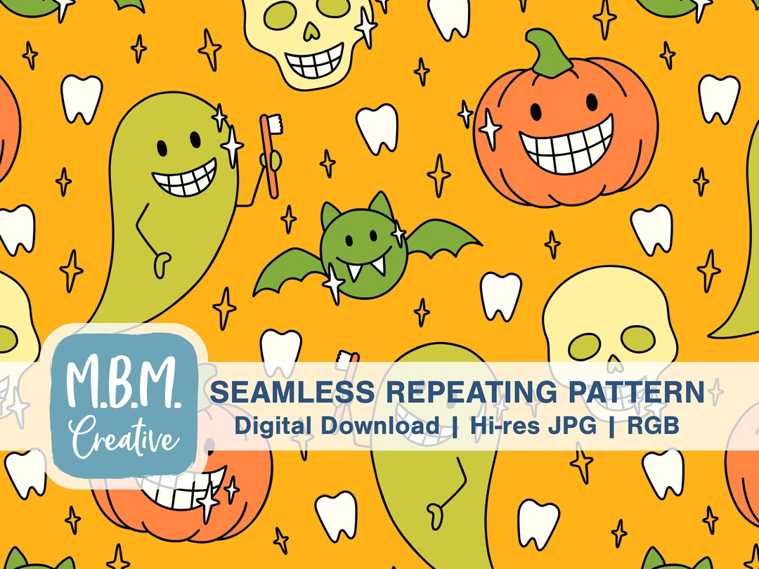 Halloween Dental Seamless Repeat Pattern on Orange, Spooky Smiling ...