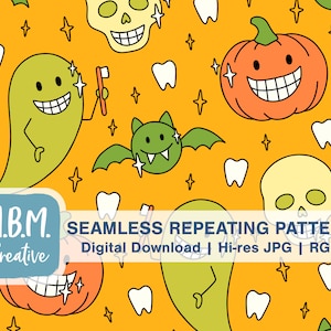 Padrão de repetição dental sem costura de Halloween em laranja, ilustração de dentes sorridentes assustadores, padrão higienista de Halloween, download digital de dentista