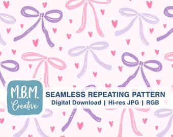 Bows & Hearts in Pink and Purple Seamless Repeat Pattern Commercial Use, Valentine's Day Seamless File, Cute Ribbon Digital Download