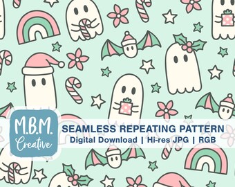 Weihnachtsgespenster in Mint & Pink Nahtloses Wiederholmuster kommerzielle Nutzung, Gruselige niedliche Weihnachten Digital Download, Gruselige Weihnachten Weihnachten