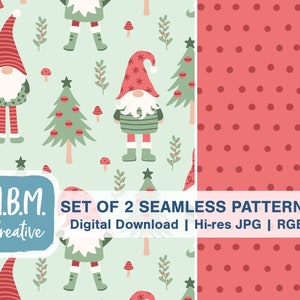 Holiday Gnomes on Mint with Coordinating Dot Seamless Repeat Pattern Set Commercial Use, Kids Christmas Digital Download