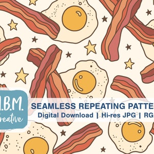 Bacon & Eggs with Stars on Cream Seamless Repeat Pattern for Commercial Use, Breakfast Food Seamless File, Hand-Drawn Food Digital Download