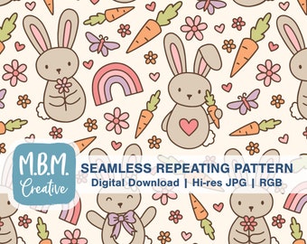 Cute Bunnies on Pale Cream Seamless Repeat Pattern for Commercial Use, Bunny Carrot Flower Seamless File, Spring Digital Download
