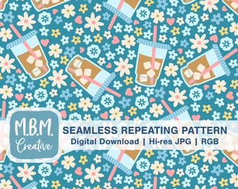 Iced Coffee &Flowers on Teal Blue Seamless Repeat Pattern for Commercial Use, Summer Coffee Drink Descarga digital, Floral Seamless file