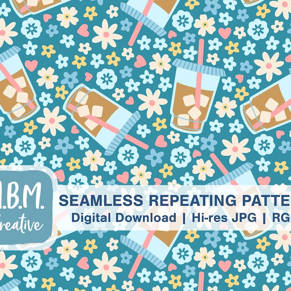Iced Coffee & Flowers on Teal Blue Seamless Repeat Pattern for Commercial Use, Summer Coffee Drink Digital Download, Floral Seamless file
