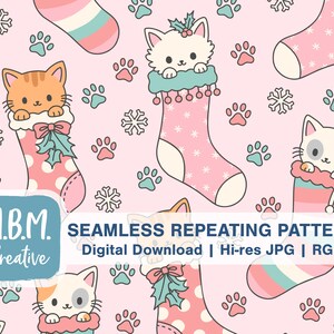 May include: A seamless repeating pattern featuring cute cartoon cats peeking out of pink Christmas stockings with white polka dots. The background is pink with white snowflakes, green paw prints, and red paw prints.