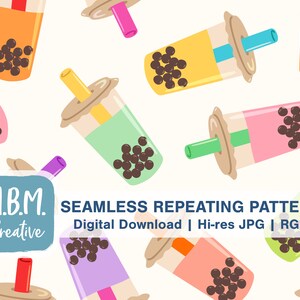May include: A seamless repeating pattern featuring colorful bubble tea cups with black tapioca pearls. The cups are in various colors, including orange, yellow, green, pink, and purple. Each cup has a straw sticking out of the top. The background is white. M.B.M. Creative is written in blue text on a light blue background.