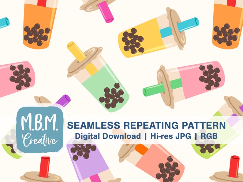 May include: A seamless repeating pattern featuring colorful bubble tea cups with black tapioca pearls. The cups are in various colors, including orange, yellow, green, pink, and purple. Each cup has a straw sticking out of the top. The background is white. M.B.M. Creative is written in blue text on a light blue background.