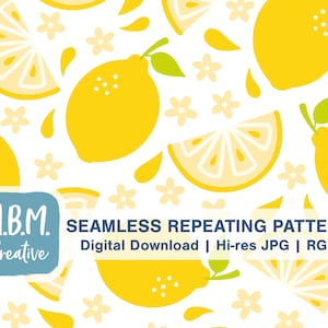 Juicy Lemons with Flowers on White Seamless Repeat Pattern for Commercial Use, Yellow Citrus Fruit Digital Download, Summer Seamless file