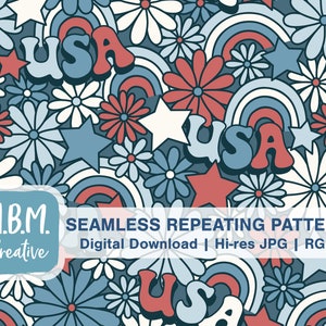 USA, Daisies, and Stars in Muted Color Seamless Repeat Pattern Commercial Use, Patriotic Retro Floral, Red White and Blue, July 4th Seamless