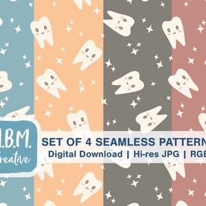 Sparkling Clean Kawaii Teeth Bundle: 4 Patterns in Boho Colors, Seamless Repeat Pattern Set, Cute Dental Hygienist Dentist Digital Download