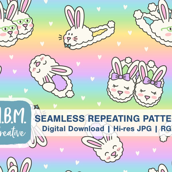 Kawaii Bunny Slippers on Pastel Gradient Stripe for Commercial Use, Cute Easter Rabbit Seamless File, Fluffy Animal Slipper Digital Download