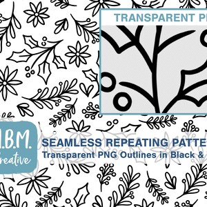 Urlaub Botanicals Transparent Hintergrund PNG Nahtlose Wiederholung Muster, kommerzielle Nutzung, Weihnachten Floral Digital Download, Seamless Line Art